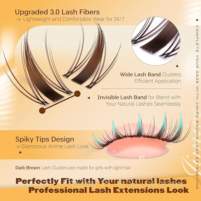 JIMIRE Fairy Brown Lash Clusters Wispy Eyelash Extensions Dark Brown Individual Lashes 10-16MM Manga Eyelash Clusters C-Curly Cluster Eyelash Extensions 110Pcs Anime Cluster Lashes DIY at Home
