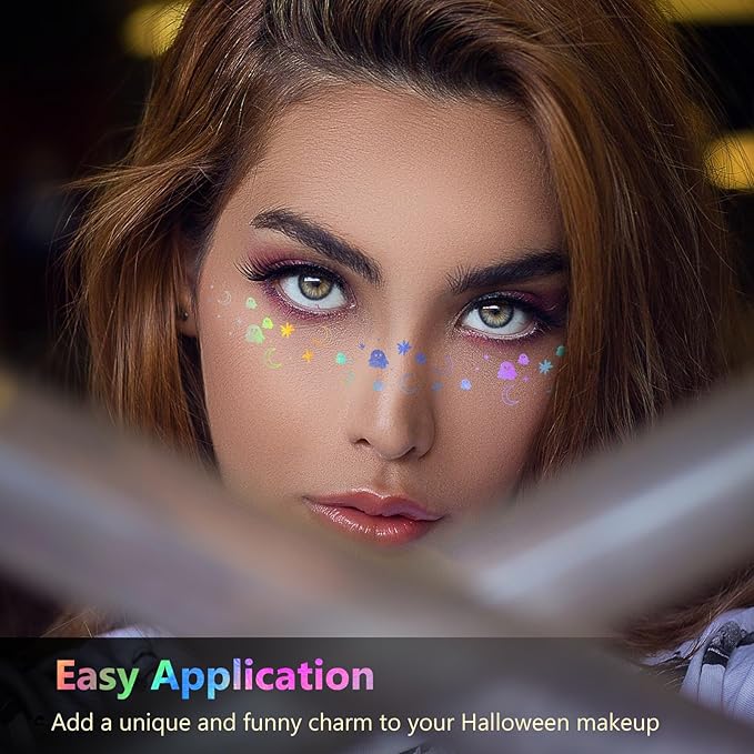 HyperFun 12Pcs Halloween Face Glitter Freckles, Glitter Freckles Face Tattoo Sticker, Holographic Multichrome Waterproof Sparkle Freckles Makeup Patches for Women Rave Festival Accessories Party Prom