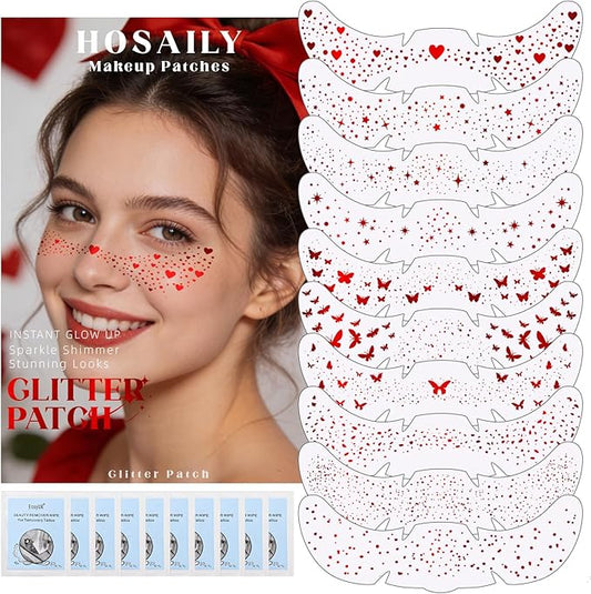 HOSAILY 10 Styles Red Glitter Freckles Face Tattoo, Waterproof Sparkle Cute Star Butterfly Face&Body Glitter Speckles Patches for Women, Metallic Temporary Tattoo Accessories Makeup for Rave