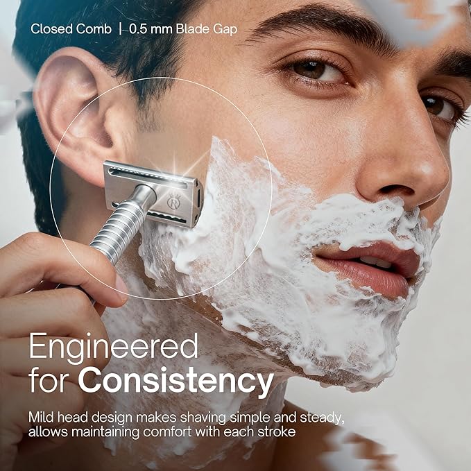 Reggie’s Razors Jupiter Aluminum Safety Razor for Men - Double Edge Shaving Razor, CNC-Machined - Made in UK - Aerospace Grade, Textured Grip, Suitable All Skin Types - Includes 10 Blades - Silver