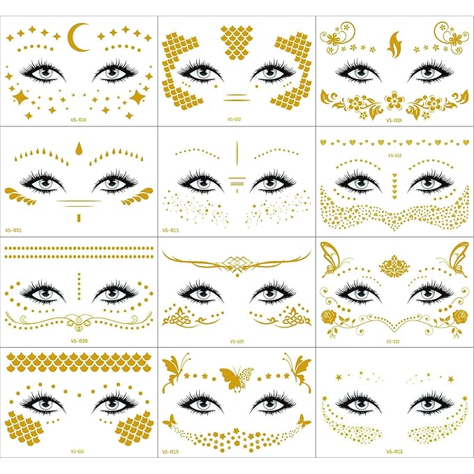 12 Pcs Gold Face Temporary Tattoo Sticker, Glitter Metallic Face Tattoo Stickers, Glitter Freckles, Sparkle Makeup Patches Freckle Tattoos for Women Party Decor 650