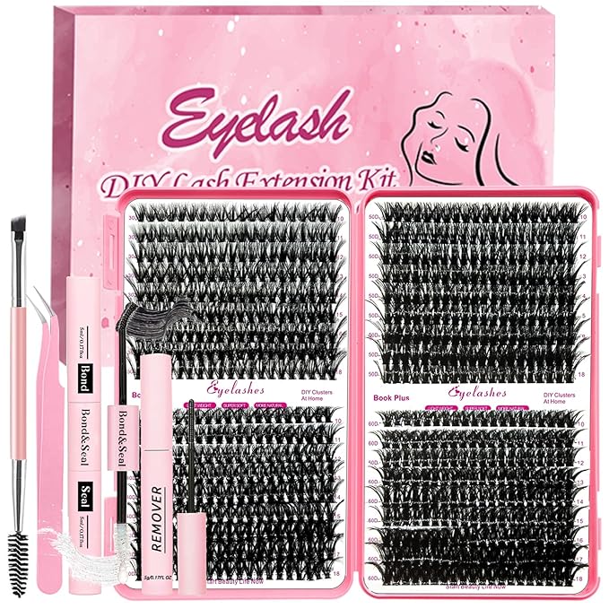 Qiveaory DIY Lash Extension Kit 720pcs Individual Lashes Clusters D Curl Eyelash Extension Kit with Lash Bond and Seal, Eyelash Remover Tweezers Brush(10-18mm,30D+40D+50D+60D) Lash Books DIY at Home