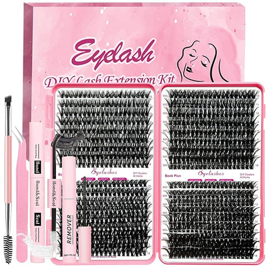 Qiveaory DIY Lash Extension Kit 720pcs Individual Lashes Clusters D Curl Eyelash Extension Kit with Lash Bond and Seal, Eyelash Remover Tweezers Brush(10-18mm,30D+40D+50D+60D) Lash Books DIY at Home