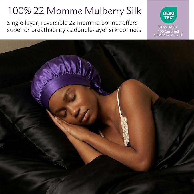 100% Mulberry Silk Hair Sleep Bonnet - Reversible Sleep Bonnet for Women, Wide Band Adjustable Tie, Night Cap for Curly Hair