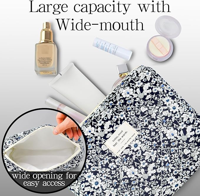 Makeup Bag, 3 PCS Quilted Makeup Bag, Cute Floral Cotton Cosmetic Bag set, Coquette Makeup Pouch Large Travel Toiletry Bag
