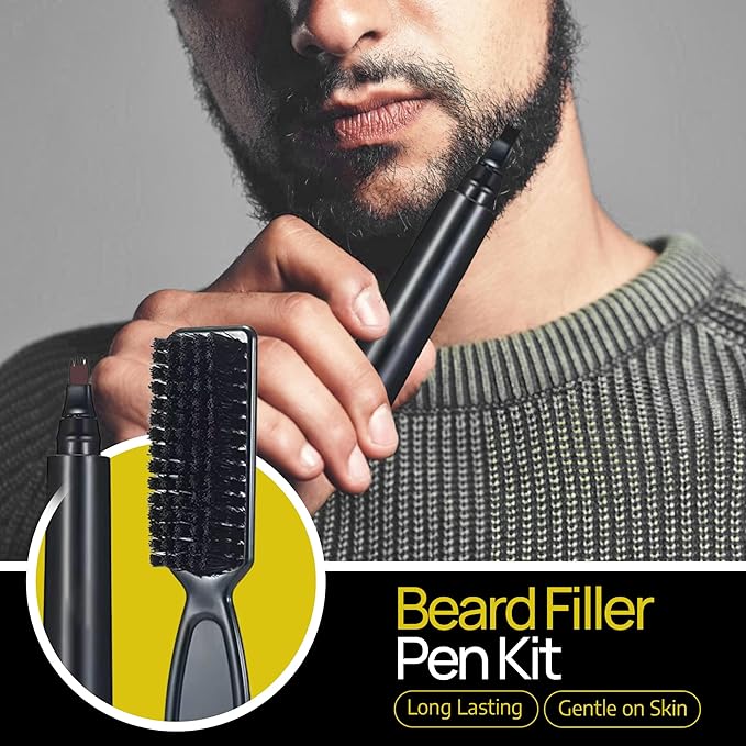 SELZALOT Beard Filler Pen (4-Tip) - Dark Brown Beard Pencil Filler for Men Waterproof Patchy Beard Solution - Beard Filler Kit Long Lasting Beard Filling Pen with Brush