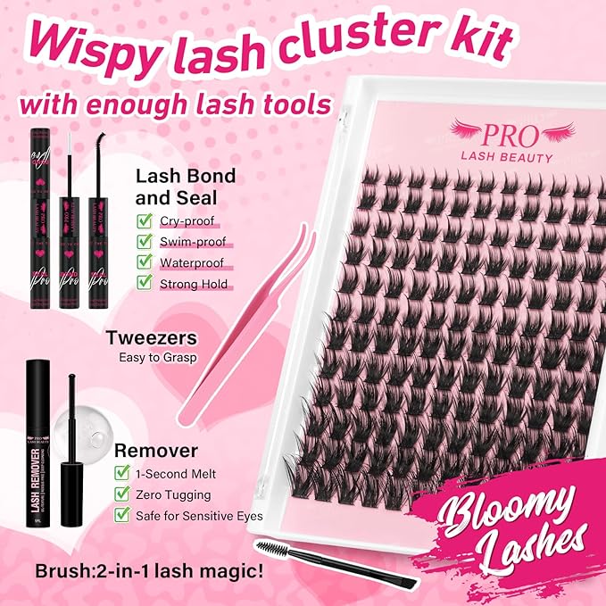 PRO LASHBEAUTY Lash Clusters Kit with Lash Bond and Seal Eyelash Applictor Lash Remover DIY Lash Extension Kit for Beginner Waterproof Resuable Eyelash Extensions at Home (Bloomy,8-18mix)