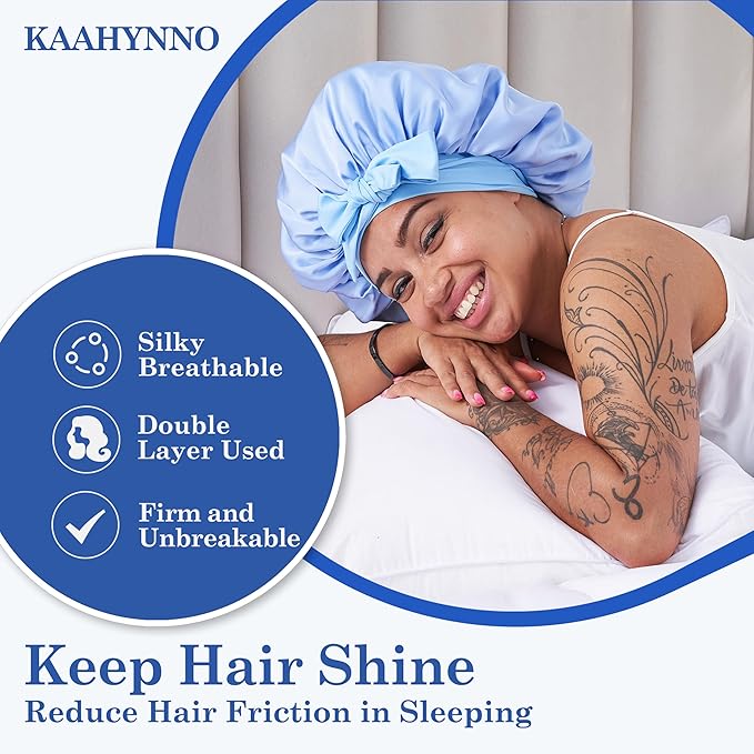 Tie Band Silk Satin Bonnet for Sleeping Hair: Women Sleep Night Wrap Cap for Straight Wavy Curly Coily Kinky Natural Hair Head - Sky Blue Aqua
