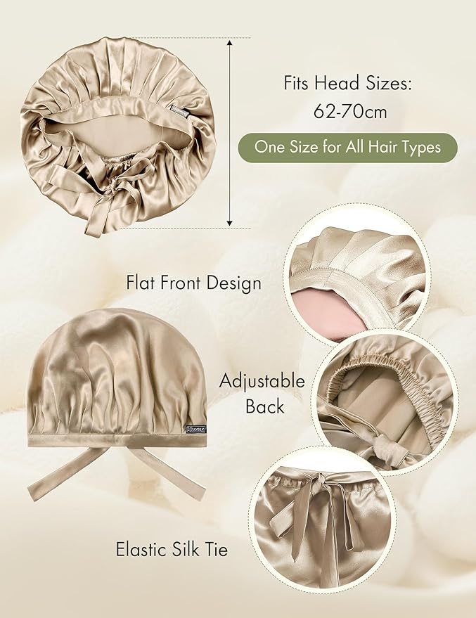 LilySilk 100% Mulberry Silk Bonnet, 19 Momme Silk Night Sleep Cap Adjustable Hair Wrap for Sleeping, Taupe