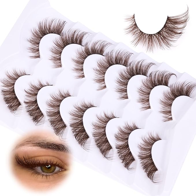 Brown Eyelashes Fairy Lashes Cat Eye Wispy False Eyelashes Strip Lashes Mink Flutter Strip Lashes Brown Fox Eye Long Volume Fake Eyelashes 7 Pairs ALICROWN