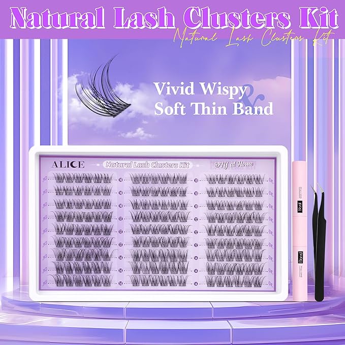 ALICE Wispy Lash Clusters Kit, Natural Lash Extension Kit Cluster Eyelash Extension Kit, 162pcs C-Curly 10-14mm Eyelash Clusters with Lash Glue Bond and Seal Tweezers