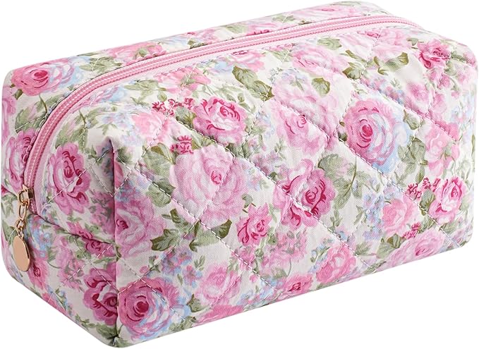 Cute Floral Makeup Bag Small Cotton Quilted Cosmetic Bag, Aesthetic Essential Bag Emergency Bag Gift for Women Girls Travel Accessories (Pink Rose)