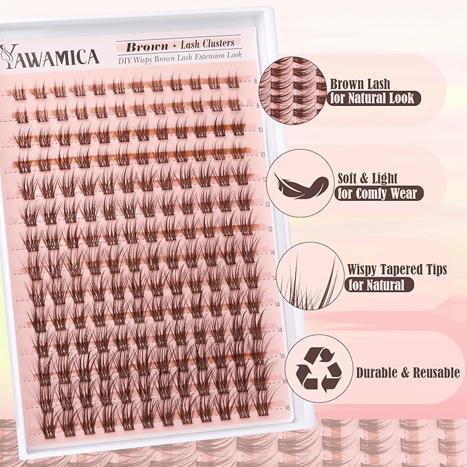 Brown Lash Clusters Wispy Eyelash Clusters Natural Brown Lashes 8-16mm Cluster Eyelash Extensions C Curl Individual Lashes DIY Lash Extension at Home by Yawamica
