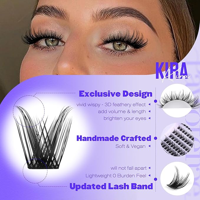 Pawotence Kira Lash Clusters Wispy Cluster Eyelash Extensions 10-18mm Individual Lashes DIY Cluster Lashes Extension Soft Comfortable Eyelash Clusters with Thin Band