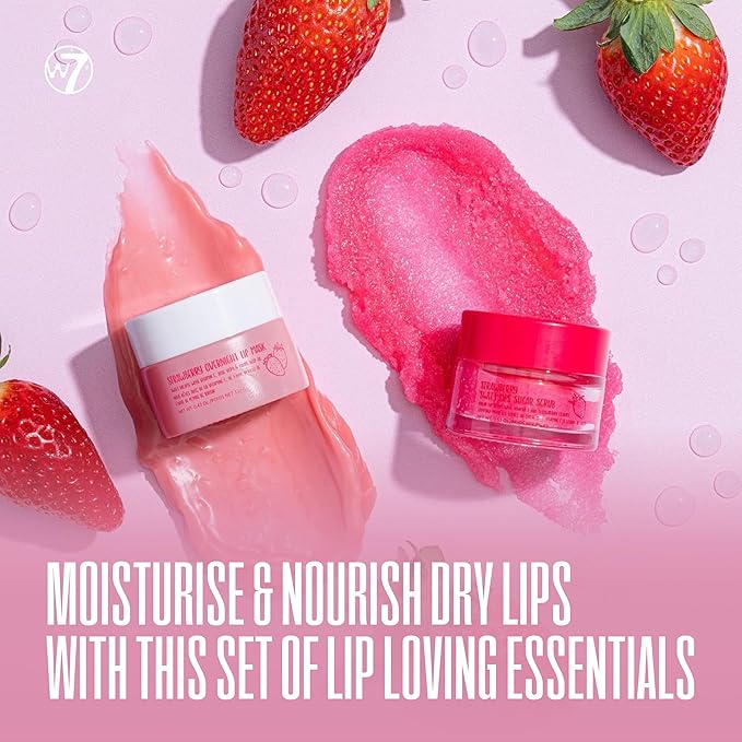 W7 Sweet Dreams Lip Scrub & Overnight Lip Mask Duo - 2 Piece Gift Set - Strawberry Flavour - Exfoliate, Condition, Soothe & Hydrate