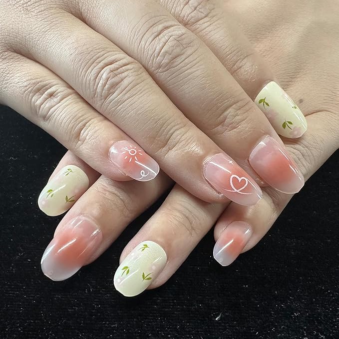 JONKASIPA Floral Press On Nails Square Pink Cute Patch Nails Reusable Adhesive Nails for Women 24 Pcs