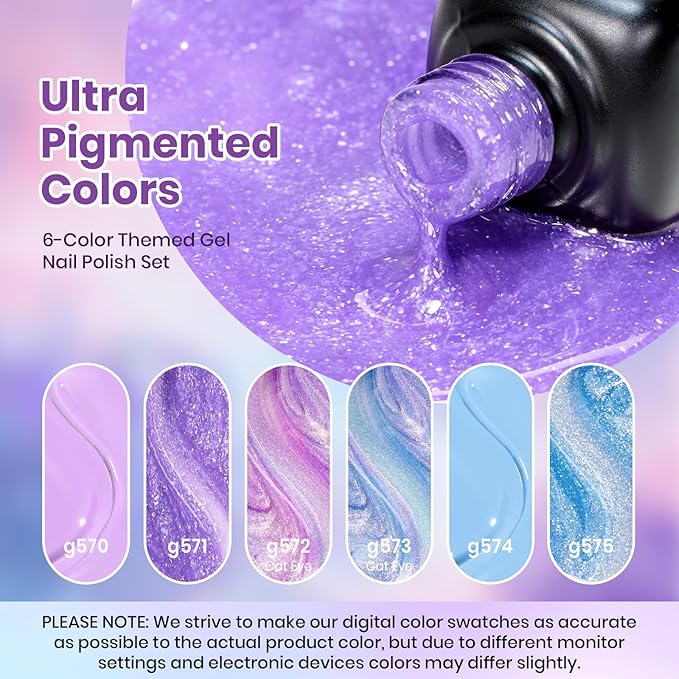 Beetles Gel Nail Polish Set - Dreamscape Wander 6 Colors Baby Purple Blue Glitter Shimmer Cat Eye Gel Polish Soak Off UV LED Nail Gel Home Gifts for Women Manicure DIY Nail Art