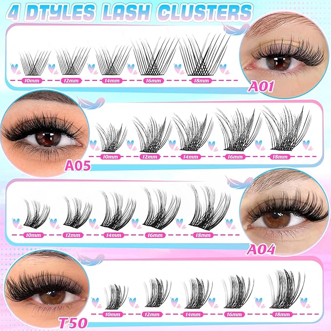 Lash Clusters Kit 288pcs, Natural Wispy DIY Eyelash Lashes Clusters Extensions Kit, 10-18mm D Curl with Lash Glue, Brush Tweezer