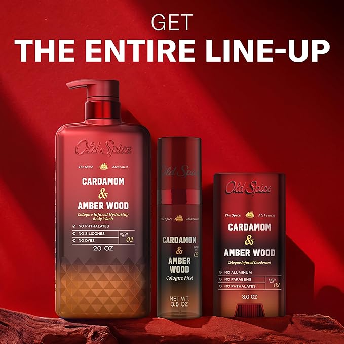 Old Spice Body Wash for Men, The Spice Alchemist Collection, 24/7 Cologne Infused Hydration, No Trade Off Formula, Free of Phthalates Silicones & Dyes, Cardamom + Amber Wood Scent, 20 oz