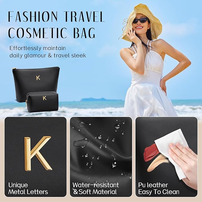 Valentine's Day Gifts for Women Girlfriend Initial Makeup Bag for Teen Girls Personalized Gifts for Friend Teacher Mom Wife Cosmetic Travel Toiletry Bag(Black,K)