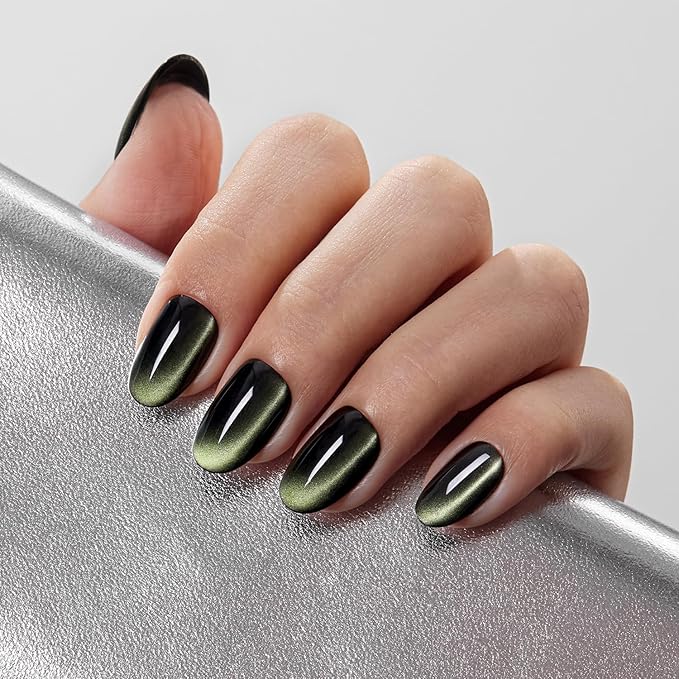 VSALON Press on Nails Short Oval - Dark Green Cat Eye Holographic Glitter Fake Nails Valentines Gifts for Woman, Reusable Opaque Gel Glue on Nails with Glue & Cuticle Oil - 32 PCS Stick on Nails in 16