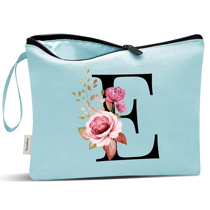Vavabox A-Z Personalized Makeup Bag, Birthday Gifts for Women Mom, Gifts for Best Friend, Bride Bridesmaid Cosmetic bag (E, Green)