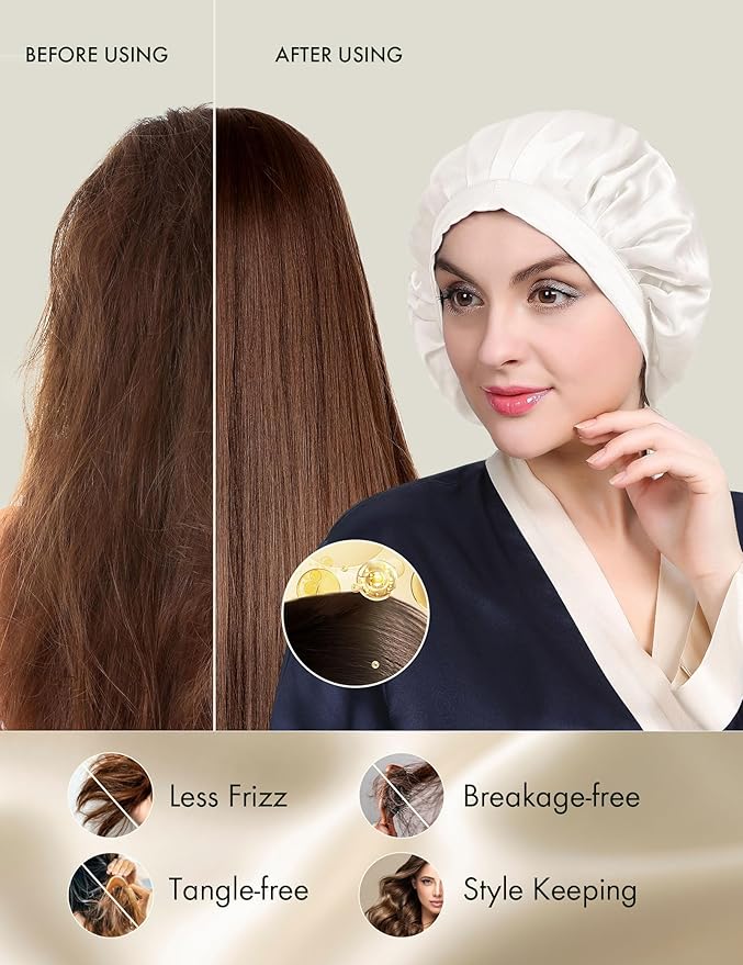 LILYSILK 100% Mulberry Silk Bonnet, 19 Momme Silk Night Sleep Cap Adjustable Hair Wrap for Sleeping, Ivory