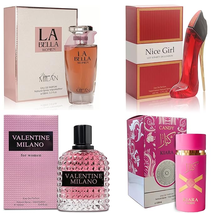 A CENTER 4PCS Perfume Set for Women - Floral Fragrance Gift Set with Vanilla,Sweet Fruity, Eau De Parfume| 3.4 Fl Oz Each(Valentine Milano,La Bella,Nice Girl,Kiara Candy)