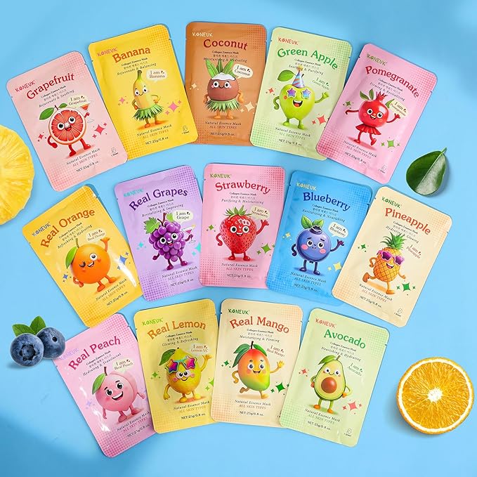 28 Pack Fruit Face Masks Skincare for Kids Girls, Sheet Collagen Face Mask for Women Skin Care, Bulk Hydrating Facial Mask for All Skin Types, Valentines Day Gifts and Party Spa Gifts for Teens