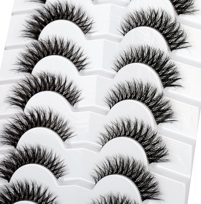 Pooplunch False Eyelashes Cat Eye Look Natural Volume Short Wispy Lash 8D Faux Mink Fake Eyelash Strips Lashes 7 Pairs Pack