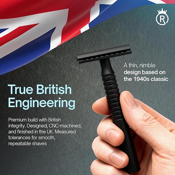 Reggie’s Razors Jupiter Aluminum Safety Razor for Men - Double Edge Shaving Razor, CNC-Machined - Made in UK - Aerospace Grade, Textured Grip, Suitable All Skin Types - Includes 10 Blades – Black