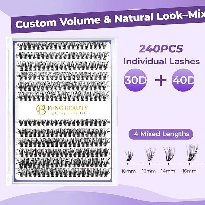 240PCS Natural Lash Clusters 30D/40D Mixed Length 10–16mm, Wispy D Curl Individual Lashes for DIY Cat Eye Look, Lightweight Reusable Cluster Lashes for Beginners (No Tools Included)