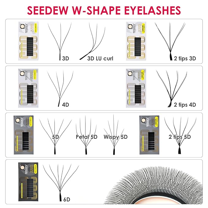 SEEDEW Double Tips 5D Lash Extensions, 0.07mm D Curl MIX8-15mm 12 Rows/Tray, W Shape 5D ww, 5D-Double Tips, PBT Volume Eyelash Grafting for Lash Tech, Artist, Beauty Salon(5DD-Black-0.07-D-MIX8-15mm)