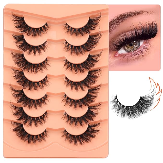 ALICROWN False Eyelashes, 7 Pairs Fluffy Cat Eye, Wispy Strip False Lashes, Mink Lashes, Long Volume, Fake Eyelashes, Cruelty Free, Black