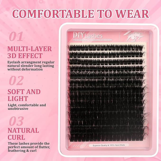 D Curl Eyelash Lash Clusters Lashes Extensions 280 Pcs Volume Wispy Individual Eye Lash Cluster 100P DIY Home Makeup Thin Band Clusters Lashes Extension Kit (9-20MM)