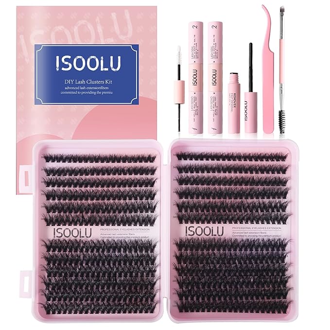 ISOOLU Fairy Lash Clusters Manga Individual Lashes C Curl Wispy Eyelash Clusters WideSpan Eyelash Extension Kit with Lash Bond and Seal Wet-Look Spiky Cluster Lashes (50D 9-16mm D 0.07)