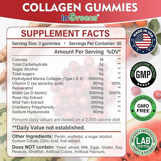 inGreens Collagen Peptides Gummies for Women - 5000mg Hydrolyzed Marine Collagen, Sugar Free with Type I,II,III & Biotin, 90 Count