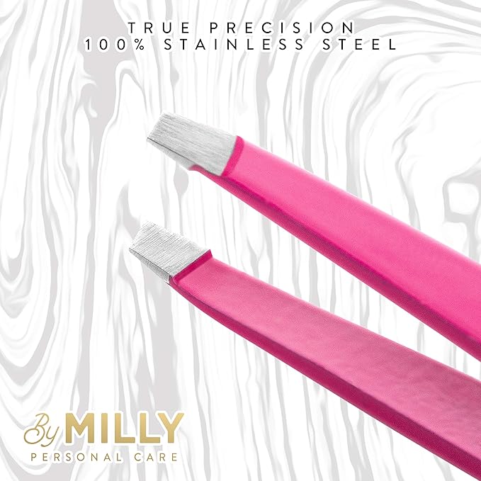 By MILLY Professional Slanted Tweezers for Women and Men | High Carbon Stainless Steel Sharp Tweezer | Tweezers for Women Facial Hair Plucking, Hand-Filed & Aligned Precision Slant Tips - Pink