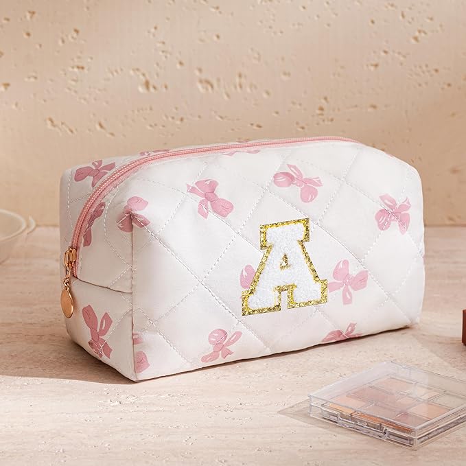 HBselect Initial Makeup Bag for Women, Pink Cosmetic Travel Toiletry Bag, Flowers Zipper Make Up Pouch Organizer Teen Girl Gifts Trendy Stuff A