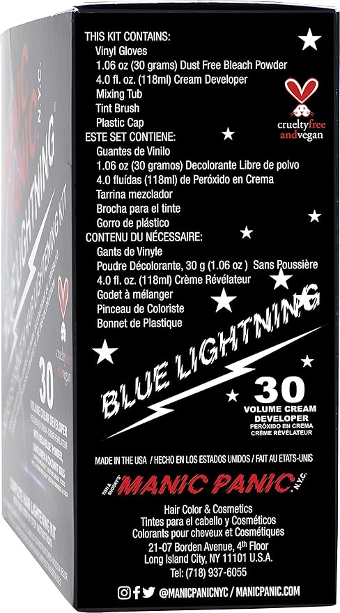 MANIC PANIC Blue Lightning Hair Bleach Kit - 30 Volume Developer + Bleach Powder Hair Lightener Lifts up to Five Levels And Eliminates Orange Tones - Vegan And Cruelty Free