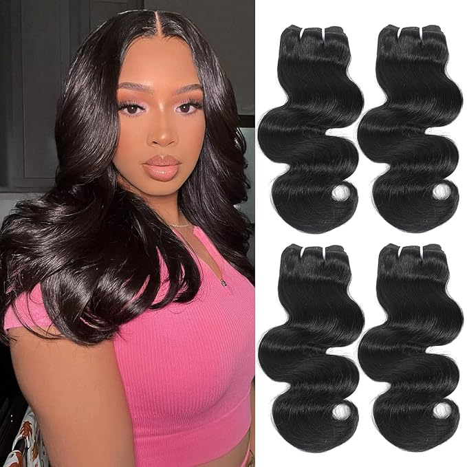 Human Hair Bundles 4 Bundles 16 Inch 12A Body Wave Bundles Human Hair 100% Unprocessed Brazilian Virgin Hair Quick Weave Natural Black for Women (16/16/16/16 Inch, 4 Bundles)