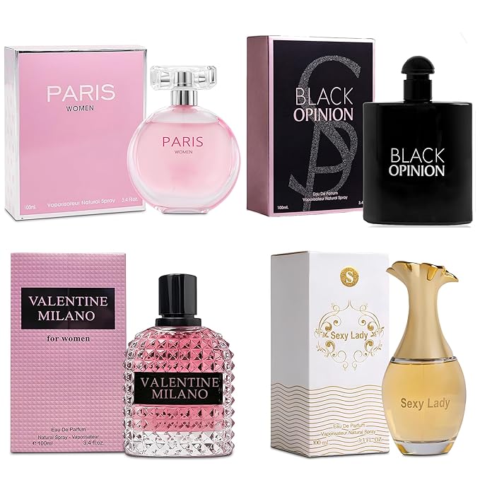A CENTER 4PCS Perfume Set for Women - Floral Fragrance Gift Set with Vanilla,Sweet Fruity, Eau De Parfume| 3.4 Fl Oz Each Women's Cologne(Valentine Milano,Sexy Lady,Paris,Black Opinion)