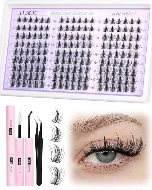 ALICE Manga Lash Clusters Kit Natural Wispy Cluster Eyelash Extension Kit Anime Lash Extension Kit 162pcs Clear Band C-Curly 10-16mm Eyelash Clusters Kit with Lash Glue Bond and Seal