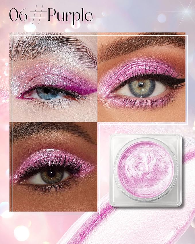Glitter Cream Eyeshadow Palette, Purple Shimmer Long-Lasting Eye Shadow Pot, Single Holographic Iridescent Eyeshadow Palette Eye Brightener, Smooth Texture Blendable Highlighter Makeup for Women-06