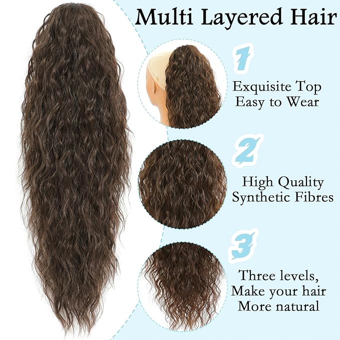 Ponytail Extension, Claw Clip on Pony tails Hair Extension for Women 18 Inch Long Wavy Curly Fake Ponytail Clip in Hair Pieces for Women Fluffy Natural Looking (Chocolate Brown, 18 Inch)