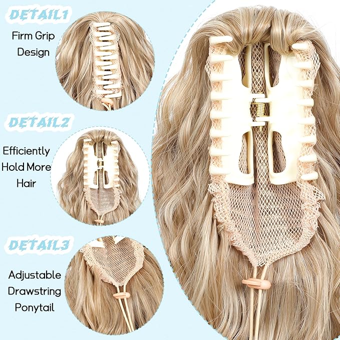 Ponytail Extension, Claw Clip on Pony tails Hair Extension for Women 28 Inch Long Wavy Curly Fake Ponytail Clip in Hair Pieces for Women Fluffy Natural Looking (Flax Brown with white Highlights)