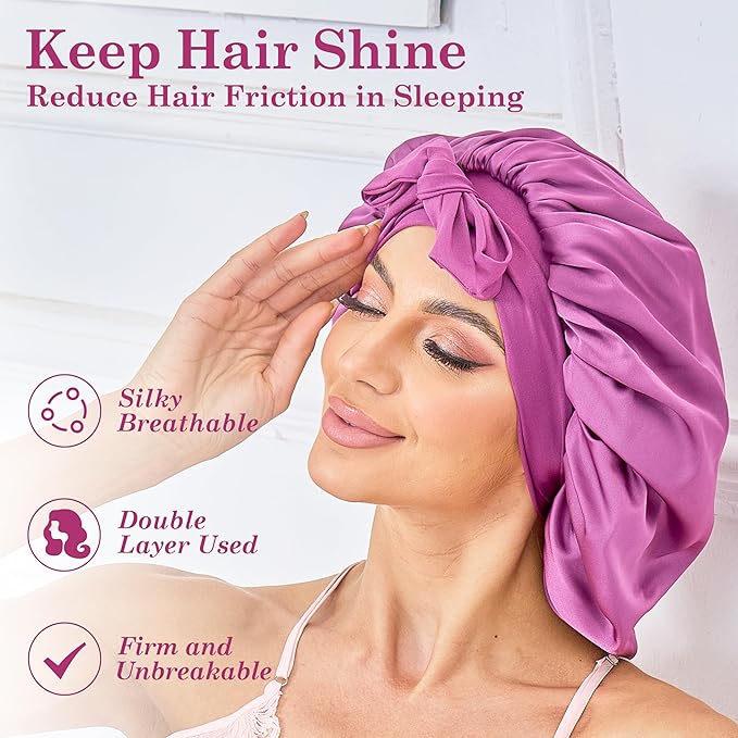 Silk Satin Bonnet for Sleeping Hair: Women Sleep Night Wrap Cap for Straight Wavy Curly Coily Kinky Natural Hair Head by Tie Band - Soft Fuchsia +Pink