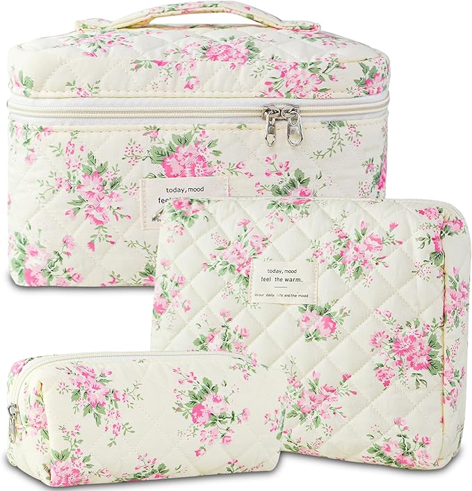 Makeup Bag, 3 PCS Quilted Makeup Bag, Cute Floral Cotton Cosmetic Bag set, Coquette Makeup Pouch Large Travel Toiletry Bag