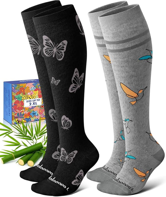 Lalapapa Bamboo Viscose Compression Socks for Women Men 2 Pairs 15-20mmHg Knee High Compression Socks Travel Nurse