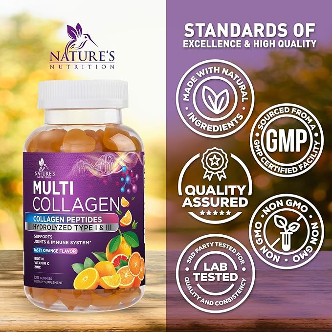 Collagen Gummies with 2500 mcg Biotin - Hydrolyzed Peptides Protein Type I & III Multi Collagen Supplement with Vitamin C & Zinc - Support for Hair, Skin, Nails, Tasty Orange Flavor - 120 Gummies